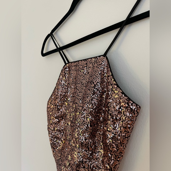 Lulu’s | Mood to Move Bronze Sequin Lace-Up Two-Piece Mini Skirt Matching Set - Picture 11 of 13